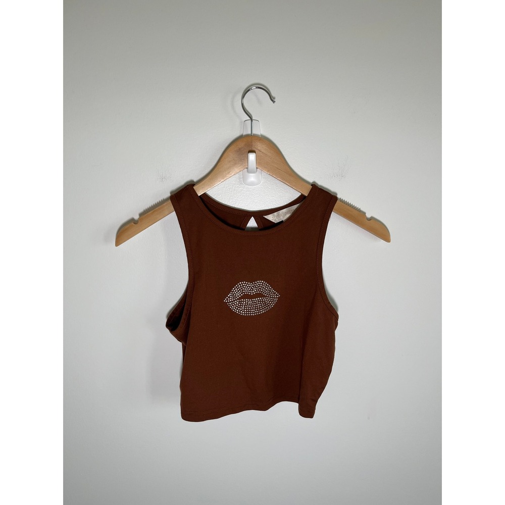 Y2K Baby Tee Womens S Chocolate Brown Bedazzled Kiss Going Out Party Top